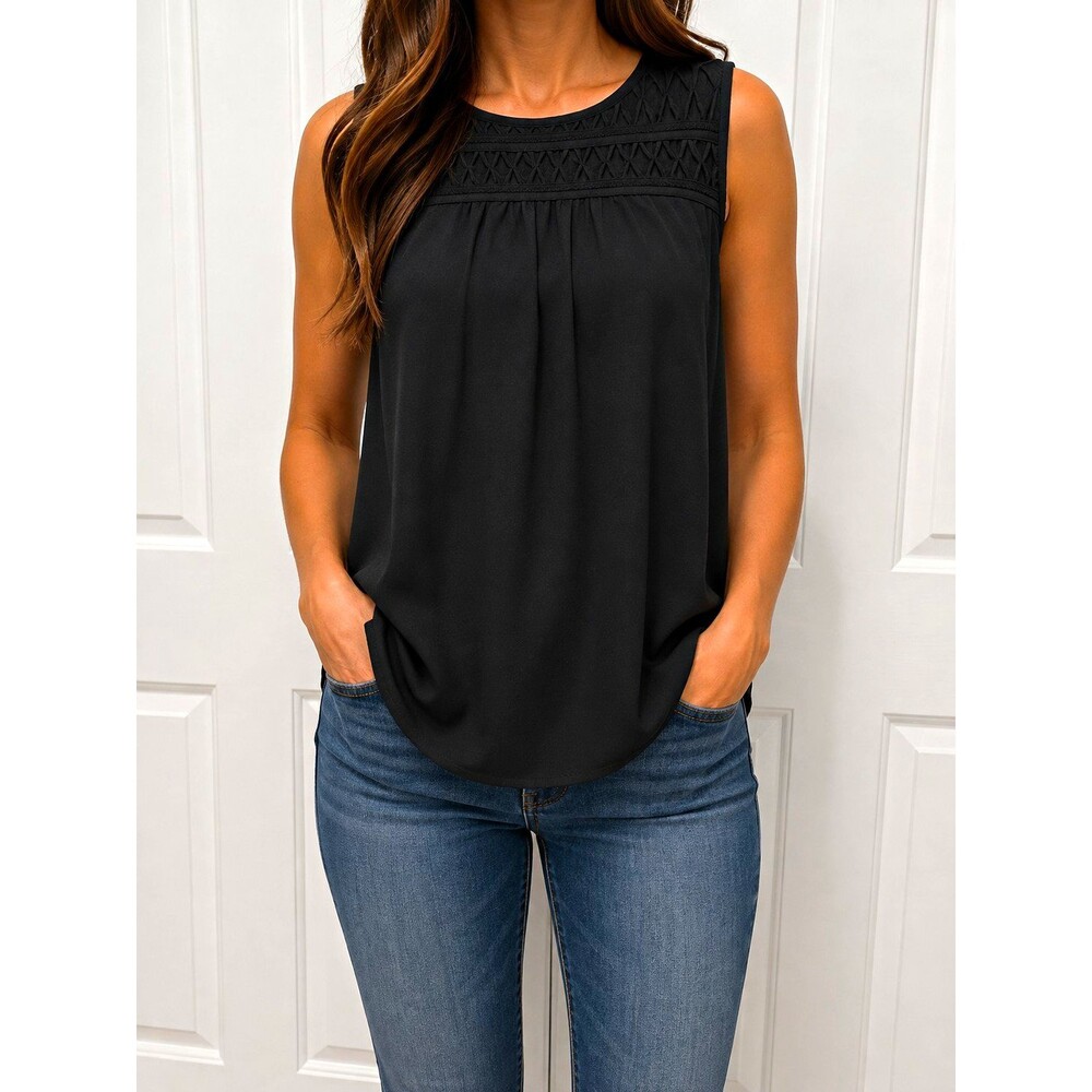 ELLE Women’s Black Lace Sleeveless Round Neck Pullover Blouse Top Size M